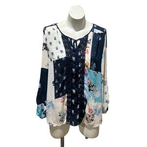 Daniel Rainn Women's XL Floral Patchwork Tie Neck Blouse Multicolor